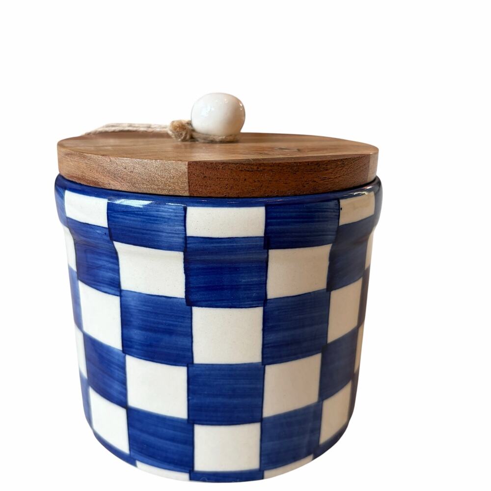 Hand Painted Checkered Ceramic Canister w/ Wood Lid Made in India Blue White NEW